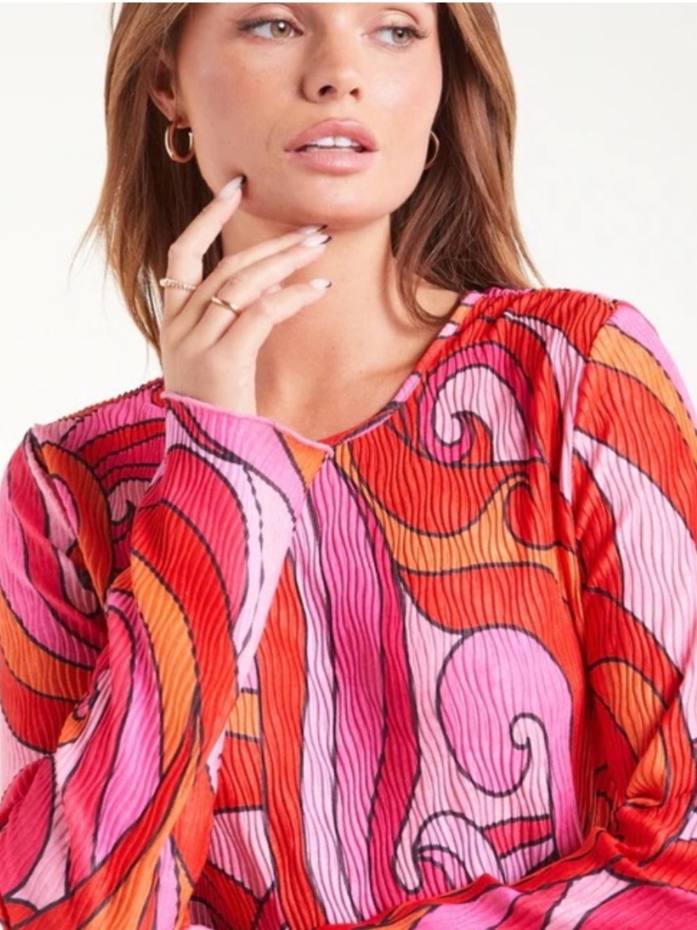 Never Fully Dressed Abstract Pink Swirl Plisse Blouse Top Women's 4